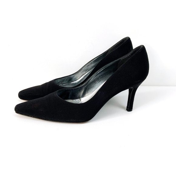 Stuart Weitzman Square Toe Black Crepe Heels Pumps  Sz 8.5 - Picture 2 of 16